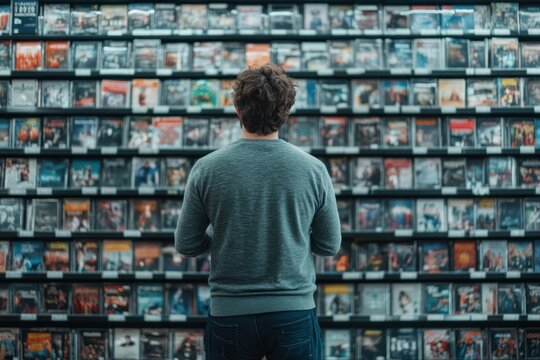 Man choosing from a wide selection of movie DVDs in a digital media store