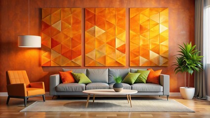 Abstract geometric wall art in vibrant orange hues, adding a modern touch to a stylish living room interior , geometric