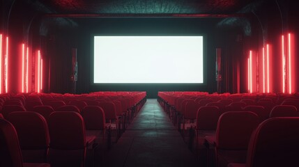 People in the cinema auditorium with Cinema blank wide screen and red chairs in the cinema hall,People silhouettes watching movie performance,empty white screen,space for text.