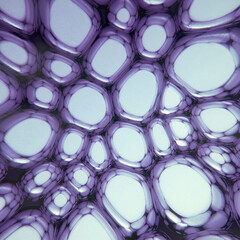 Digital illustration of flowing mirrored droplets, liquid organic shapes of metal with neon glow. 3d rendering