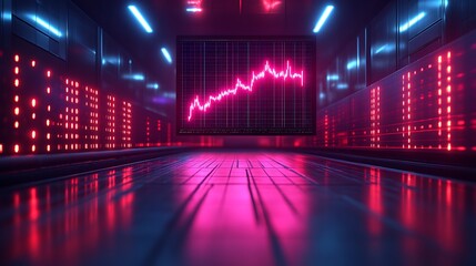 Neon-lit corridor displaying upward stock market graph.