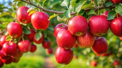 Juicy red apples hanging from a Malus hybridus tree, apples, red, tree, fruit, orchard, harvest, ripe, farm, autumn, fresh