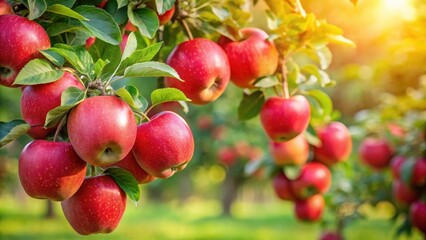 Obraz premium Red apples hanging on a Malus hybridus tree , apples, fruit, red, Malus hybridus, tree, orchard, harvest, fresh, juicy