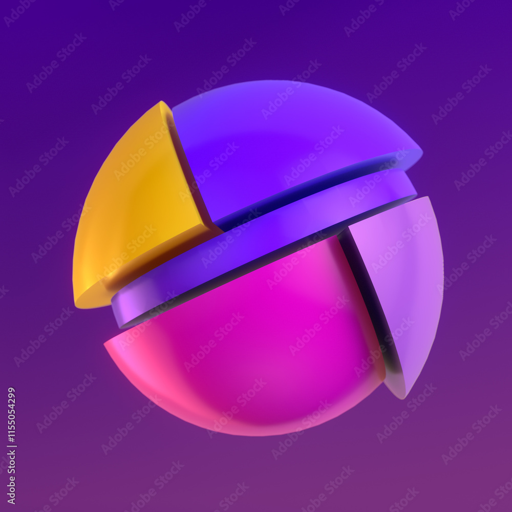 Poster Illustration of an abstract three-dimensional sphere composed of colored segments. The bright shades of color contrast with the deep, dark purple background to create a striking effect. 3d rendering