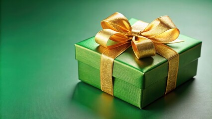 Fototapeta premium Green gift box with a shiny gold bow for special occasions and celebrations, gift, present, box, bow, ribbon, green, gold