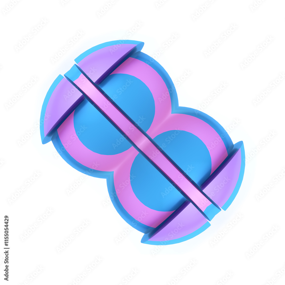 Poster Digital illustration with a symmetrical pattern of multilayered objects in bright pink and blue. The balance of shapes and shades creates a harmonious composition. 3d rendering
