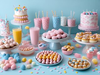 Pastel candy buffet with cakes, sweets, and drinks.