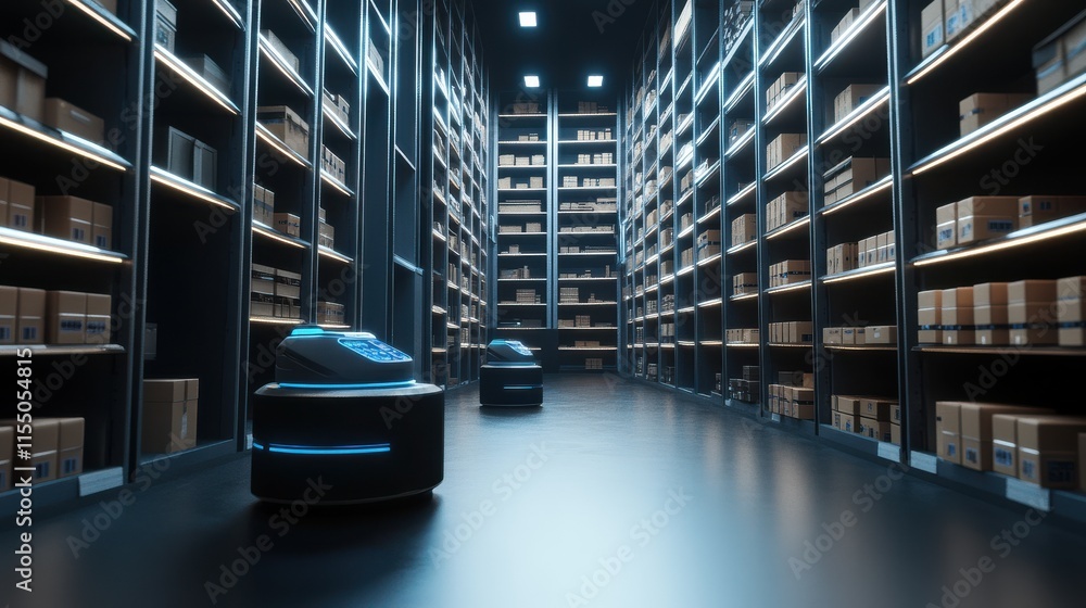 Poster modern automated warehouse with robots organizing inventory