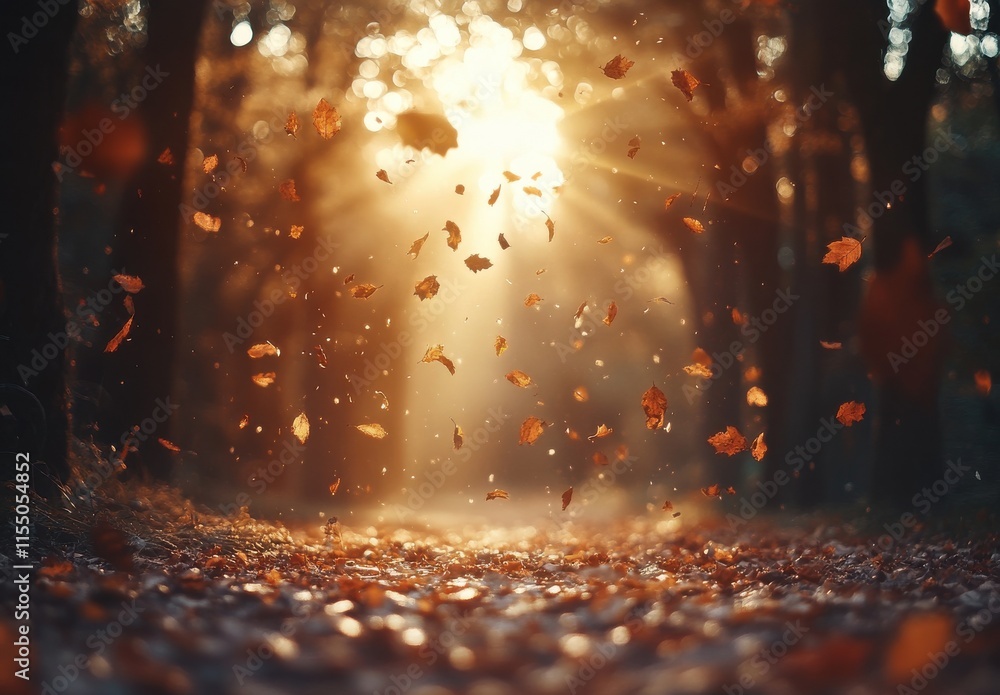 Aufkleber sunlight filtering through trees in autumn forest with falling leaves creating a magical atmosphere 