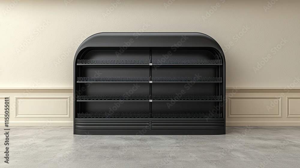 Poster a sleek black display shelf with empty shelves, designed for showcasing products.