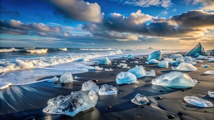 Ice rock strewn black sand beach with glacial chunks at Jokulsarlon Diamond Beach in Iceland, glacial, chunks