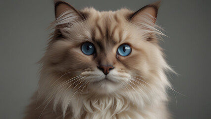 Fototapeta premium A majestic feline with piercing blue eyes stands out against a pristine white background, its fur glistening in the sunlight.