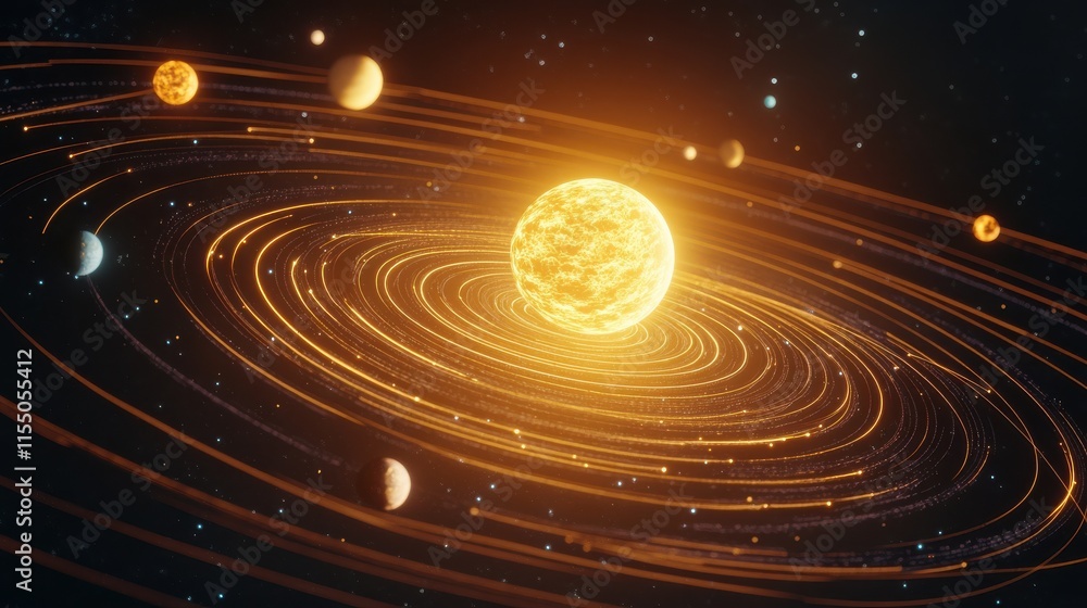 Poster solar system model with sun and orbiting planets in space