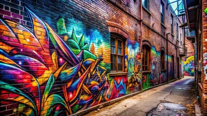 Fototapeta premium Graffiti art on a brick wall in a city alleyway, urban, street art, spray paint, vandalism, colorful