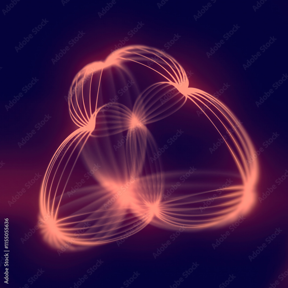 Poster Abstract digital composition with oval smooth shapes made of thin lines glowing with soft orange light on a dark blue background. The contrast creates a mysterious effect. 3d rendering