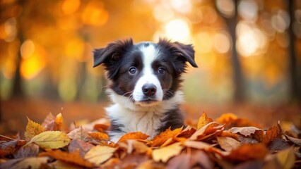 Adorable border collie puppy sitting in a pile of autumn leaves , puppy, border collie, autumn, sitting, cute, adorable, pet