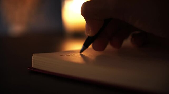 Woman's hands writing in a journal at night concept