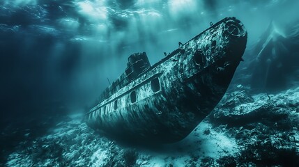 Naklejka premium Sunken Submarine Wreck Underwater. Concept of History, Marine Life, and Ocean Exploration.
