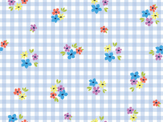 SEAMLESS FLORAL PATTERN ON GINGHAM CHECK BACKGROUND. IDEAL NIGHTWEAR, SLEEPWEAR WOMENS LINGERIES. SEAMLESS FLORAL PATTERN IN VECTOR