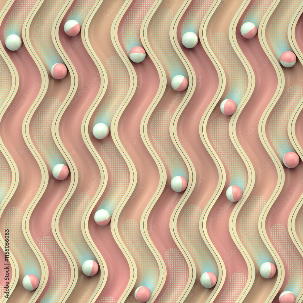 Aufkleber Bright colorful background with small shiny balls rolling on winding grooves with a fancy gradient. 3d rendering digital illustration