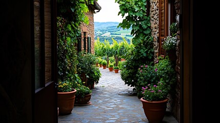 Naklejka premium Picturesque Italian Alleyway with Vibrant Greenery and Rolling Hills