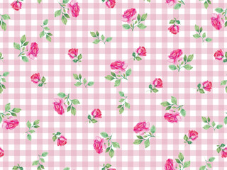 SEAMLESS ROSE PATTERN ON GINGHAM CHECK BACKGROUND. IDEAL NIGHTWEAR, SLEEPWEAR WOMENS LINGERIES. SEAMLESS ROSE PATTERN IN VECTOR