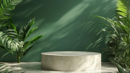 Round marble podium with tropical plants and green wall.