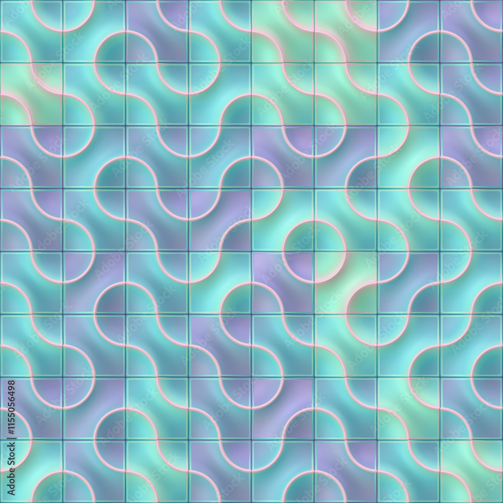 Aufkleber A graceful repeating pattern of tiles with wavy lines and circles. Bright colors create a sense of modern technology and a futuristic feel. 3d rendering digital illustration