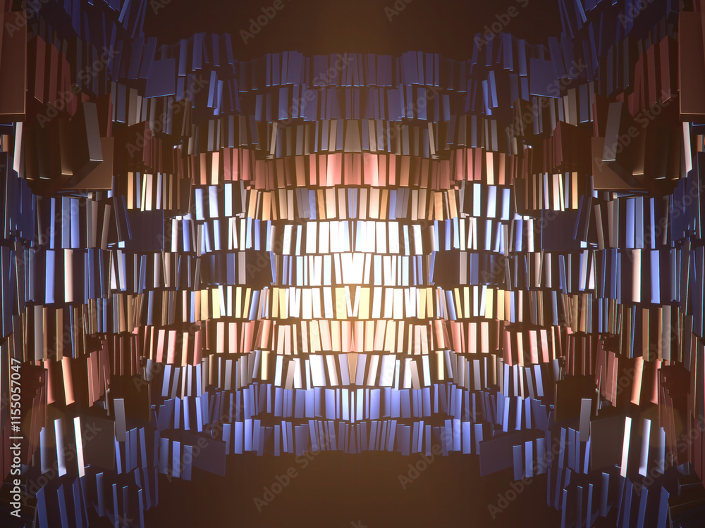 Poster Abstract wave illustration of colored shiny bands of dark rectangles. Symmetrical composition. 3d rendering