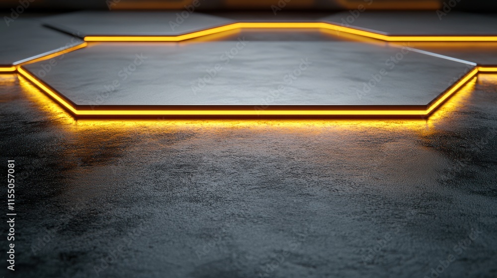 Poster hexagonal shapes with neon light on concrete surface background