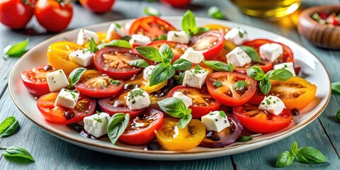 Fresh and colorful modern tomato salad with feta cheese and balsamic glaze , healthy, vibrant, food styling