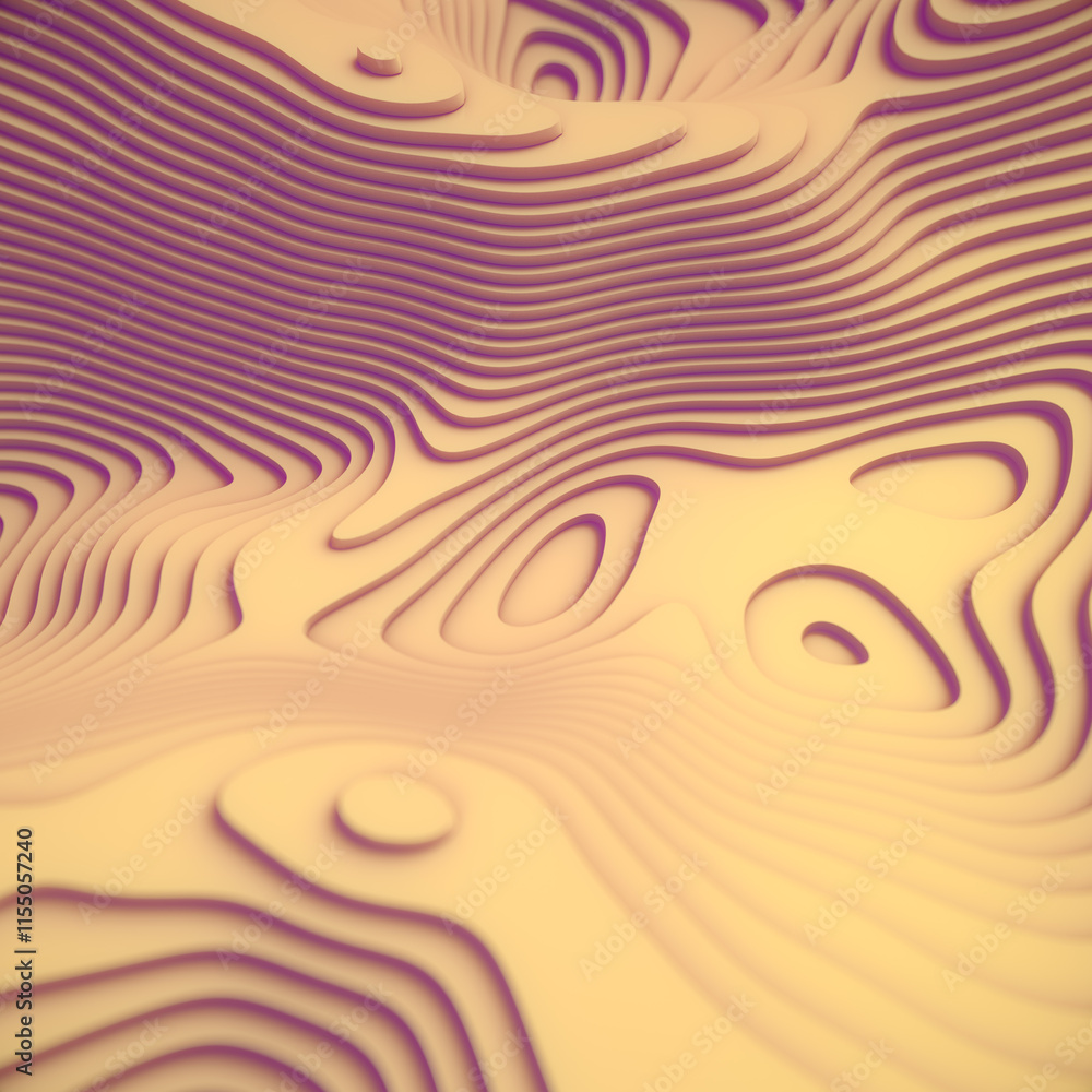 Poster interlacing complex wavy yellow-orange pattern. stunning abstract topographical landscape. 3d render