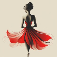 Elegant woman in a flowing red dress, back view, art illustration.