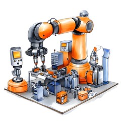 Fototapeta premium A vibrant, detailed illustration of a robotic assembly line.