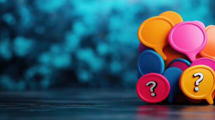 Colorful speech bubbles with question marks, symbolizing inquiry and communication, set against a blurred blue background.