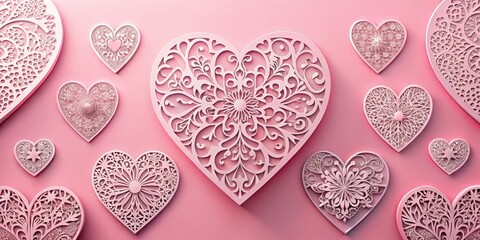 Fototapeta premium Heart-shaped paper cutouts on a pink background, with intricate designs and patterns , pink color