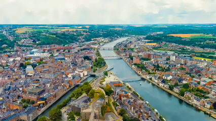 Namur, Belgium. Watercolor illustration. Citadelle de Namur - 10th-century fortress with a park, rebuilt several times. Panorama of the central part of the city. River Meuse. Summer day, Aerial View