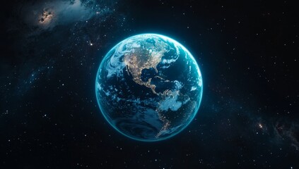 Obraz premium Earth at night, glowing blue, space background.