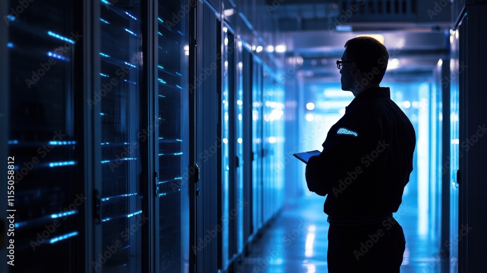 Poster technician in data center analyzing server rack with tablet device