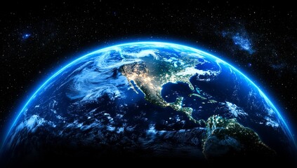 Earth at night, North America highlighted, space view.