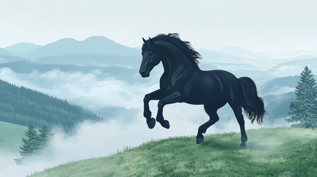 majestic black horse galloping through misty meadow landscape