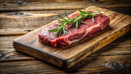 High-quality raw beef sirloin steak with a fragrant sprig of fresh rosemary leaves placed on top in a rustic wooden cutting board setting, butcher block, kitchen