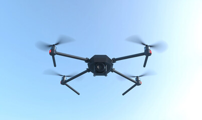 A black drone with four spinning propellers is flying against a clear blue sky.