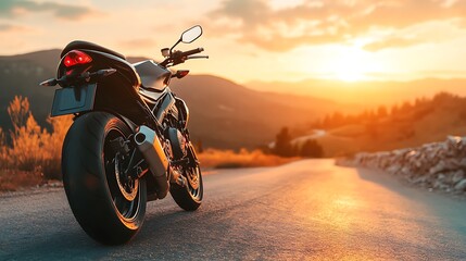 Motorcycle on a scenic road at sunset. Concept of freedom, adventure, and travel.