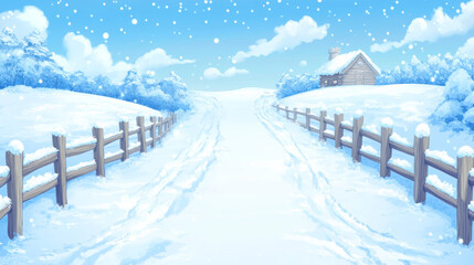 serene snowy landscape with cozy cabin and winding path