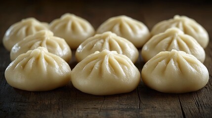 Fresh uncooked steamed buns arranged on a rustic wooden surface.