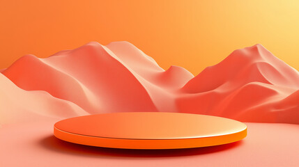Vibrant Minimalist Display with Glossy Circular Stage and Coral Sand Dunes