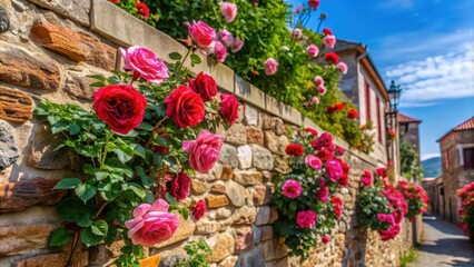 Beautifully bloomed roses on a tranquil stone wall in Nessebar's ancient old town, old town, nature,  old town