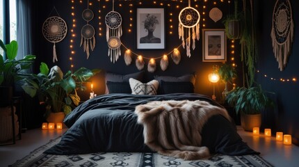 "A moody and stylish bedroom featuring a dark color palette with black walls adorned with artistic frames, dreamcatchers, and woven decor. Warm string lights and soft glowing lamps.