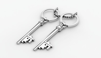 Two silver house-shaped keychains linked together.